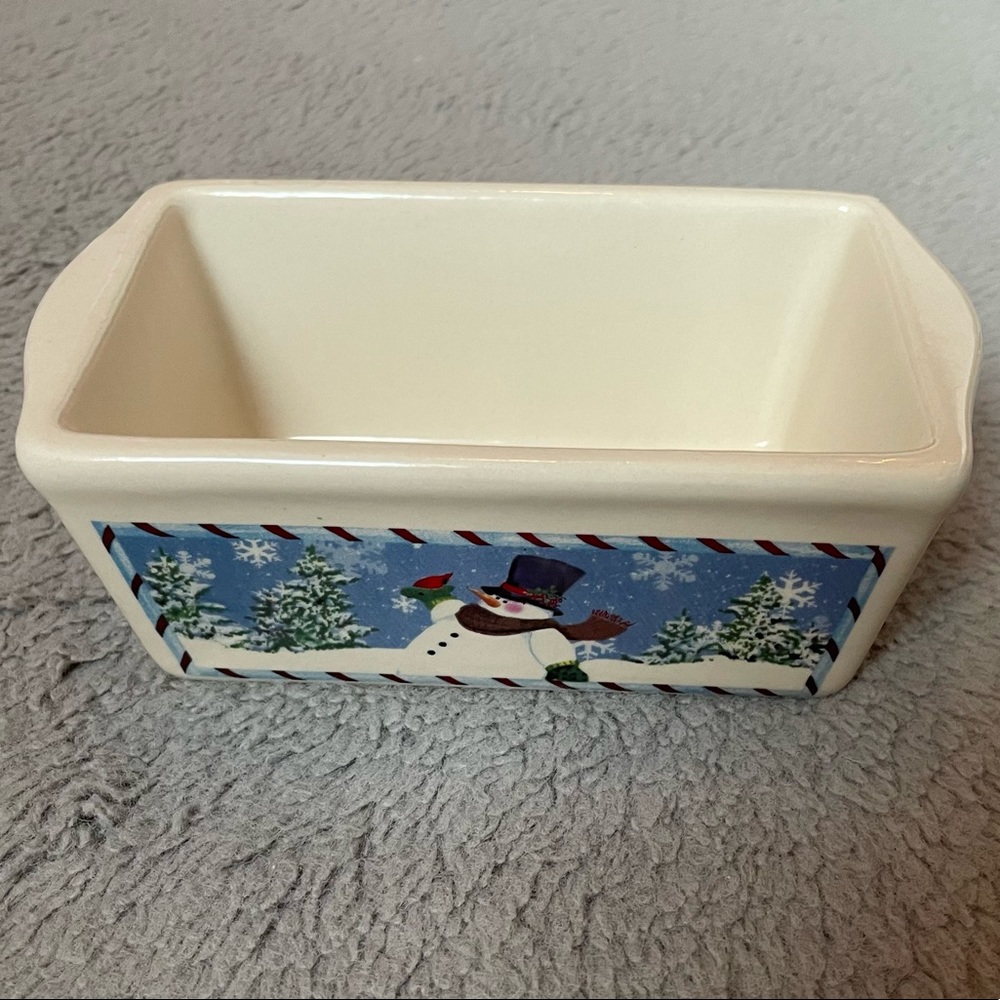 Cute Snowman Loaf Pan Nantucket 4 1/2 x 2 1/2 x 2 Ceramic Ovenware